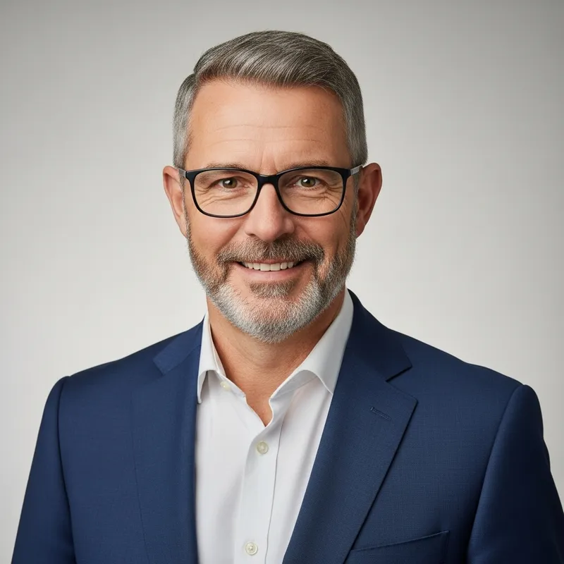 Professional Half Body Portrait | Middle-Aged Caucasian Male in Navy-Blue Suit