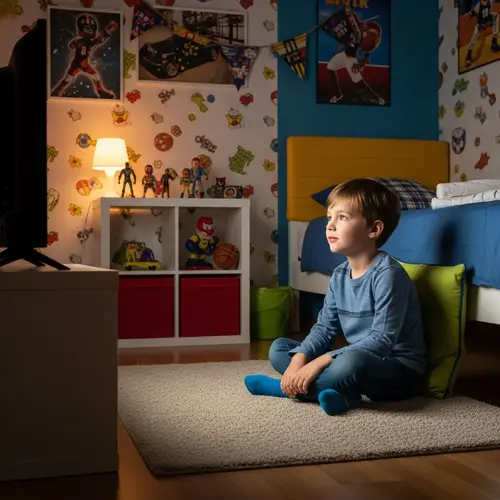 Young Boy Watching TV in Colorful Room