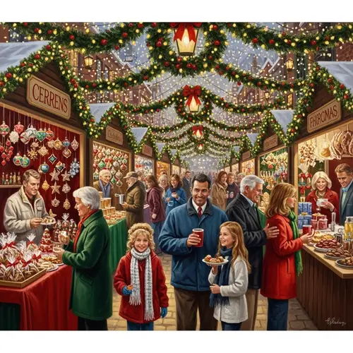 Vibrant Christmas Market Painting: Festive Holiday Scene