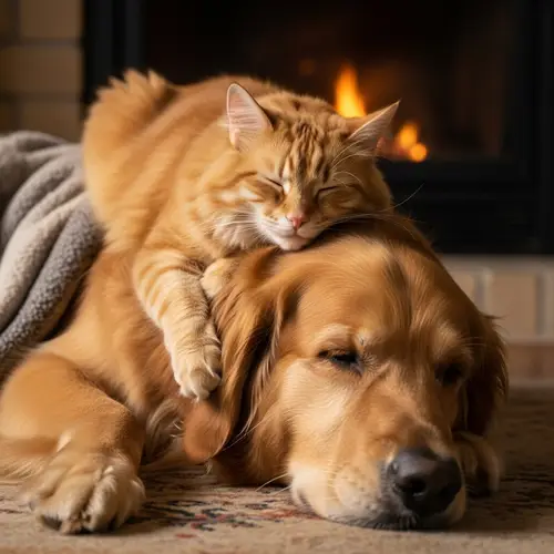 Cat Resting on Dog - Peaceful Harmony Captured