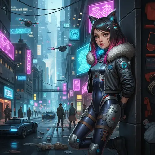 Cyberpunk Anime Girl with Cat Ears | Futuristic Cityscape Art