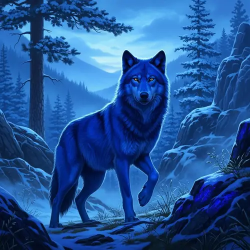 Vivid Blue Colored Wolf in Wilderness Landscape