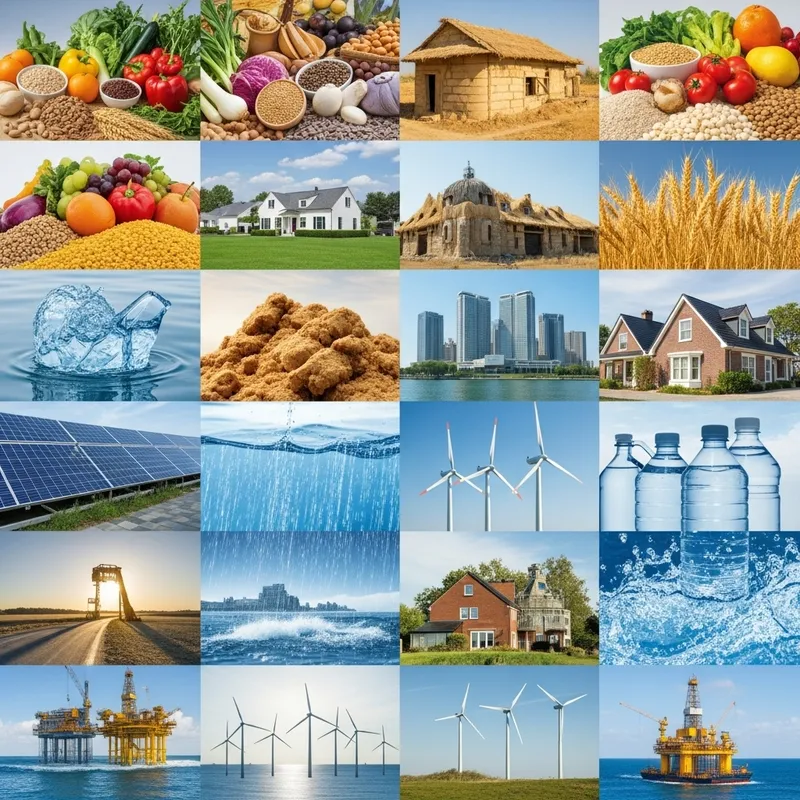 Visual Harmony of Essential Resources: Food, Water, Shelter & Energy Visual Harmony of Essential Resources: Food, Water, Shelter & Energy