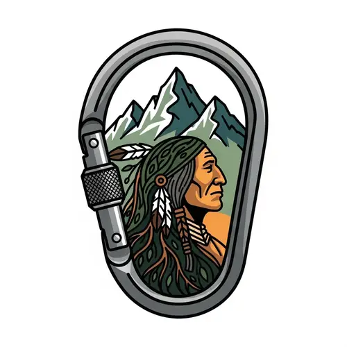 Carabiner Logo Design with Native American Man and Mountains