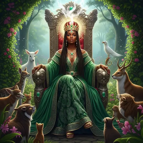 Divine Black Woman in Emerald Gown | Garden Throne