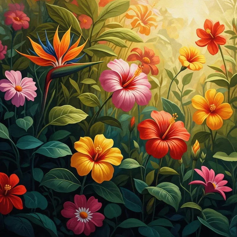 Vibrant Tropical Flowers in Frida Kahlo Style Garden