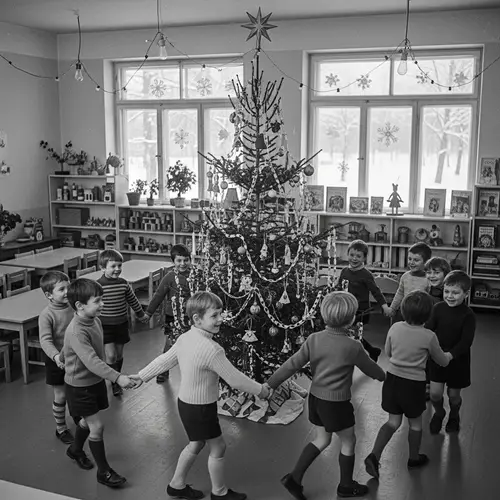 USSR-Era Kindergarten Kids Celebrate Around Christmas Tree