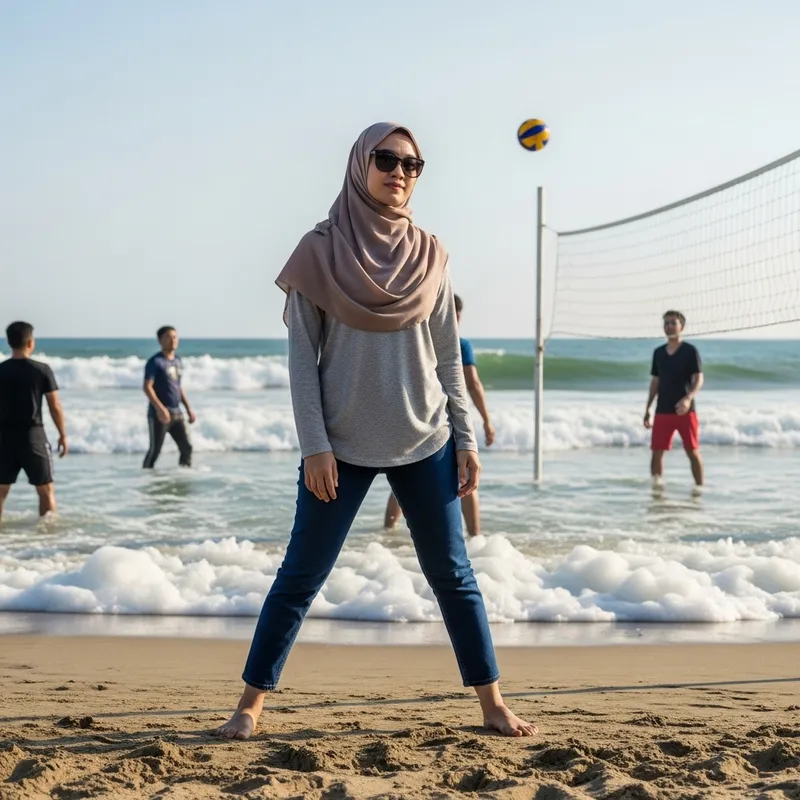 Sunny Afternoon Beach Scene with Woman Standing by the Sea