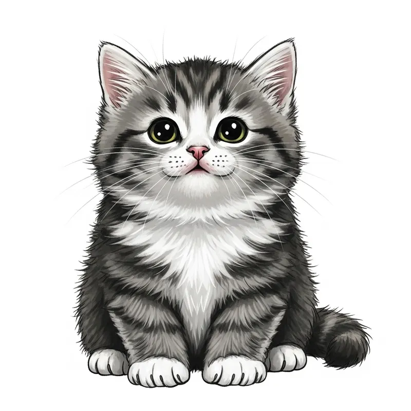 Whimsical Adorable Chunky Kitten Drawing | Pure White Background