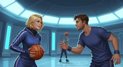 Futuristic Basketball Game Illustration with Joyous Young Couple