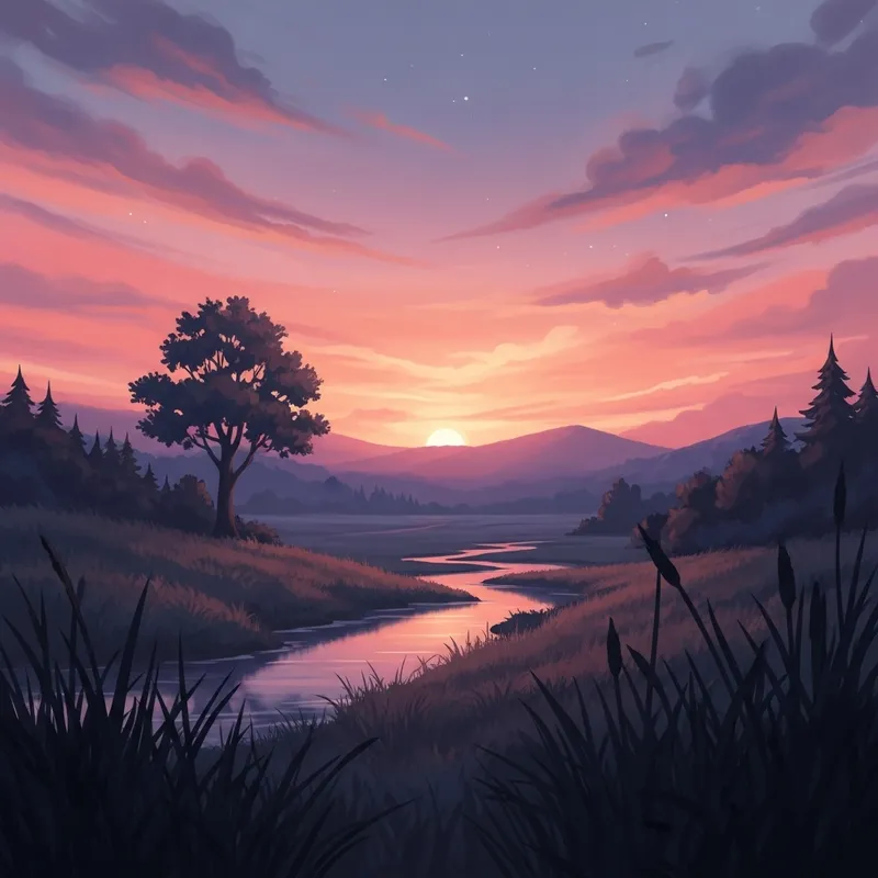 Ethereal Dusk Landscape: Radiant Pink, Orange & Purple Hues