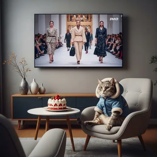 Modern Room with Stylish Cat Watching Fashion Show