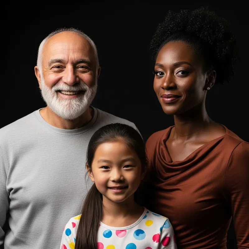 Multigenerational Family Portrait | Smiling Old Man, Young Girl, Woman