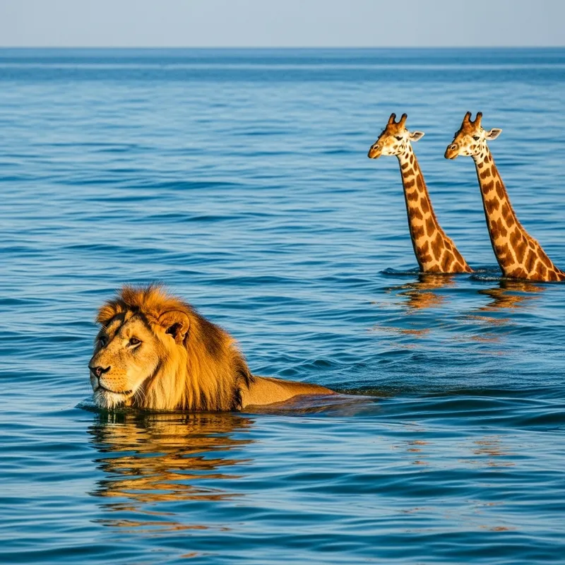 Majestic Lion and Elegant Giraffes in Sea - Captivating Scene