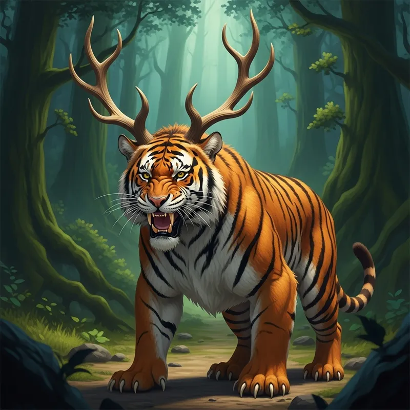 Astrid the Tiger with Deer Horns: Enigmatic Creature in Forest