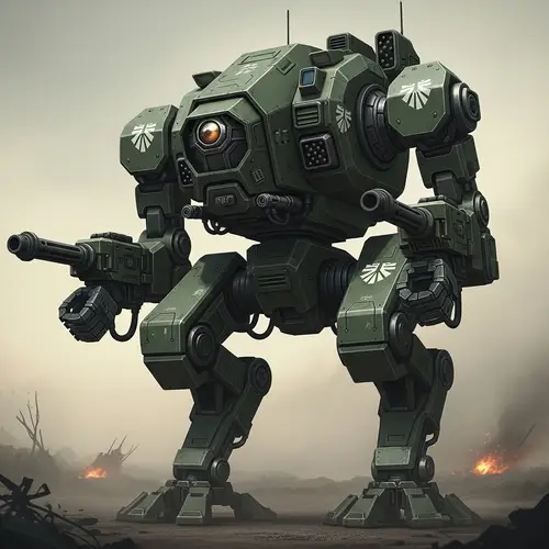 Zaku II - Robotic Military Vehicle in Dark Green on Warzone Background