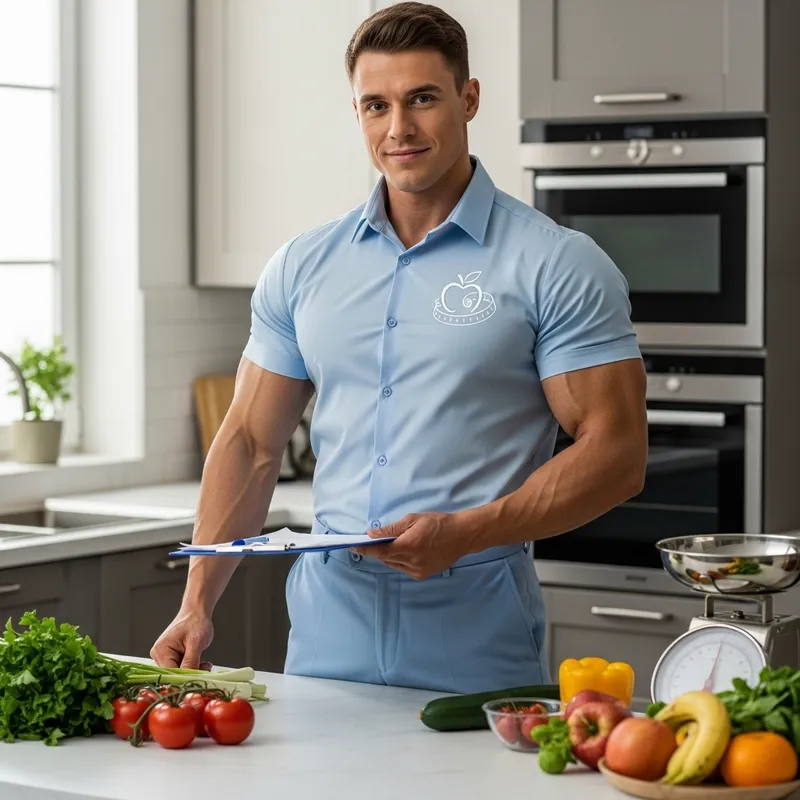 Muscular Nutritionist in Light Blue Uniform - Expert Advisor