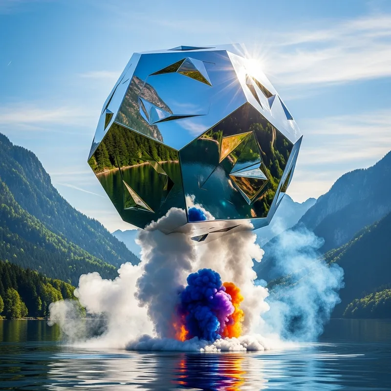Floating Metallic Geometric Object Reflecting Scenic Landscape