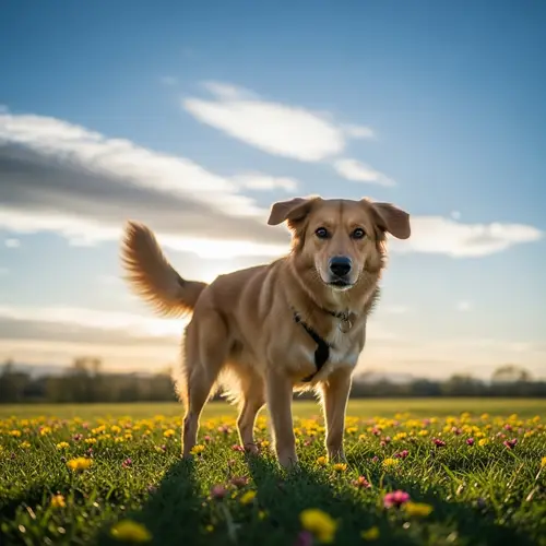 Playful Medium-Sized Dog on Grassy Field | Golden Fur Coat