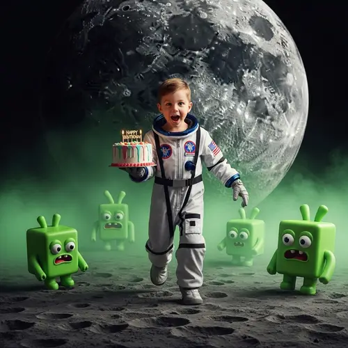 Fun Space Adventure with 6-Year-Old Boy and Birthday Cake