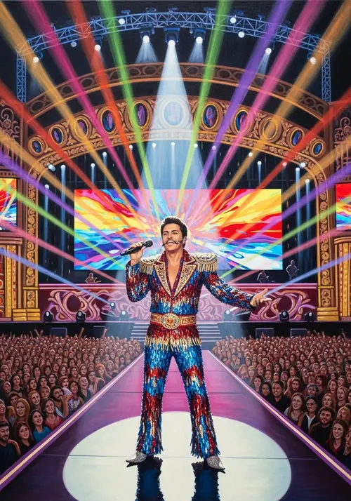 Vibrant Oil Painting of Latino Male Singer on Stage