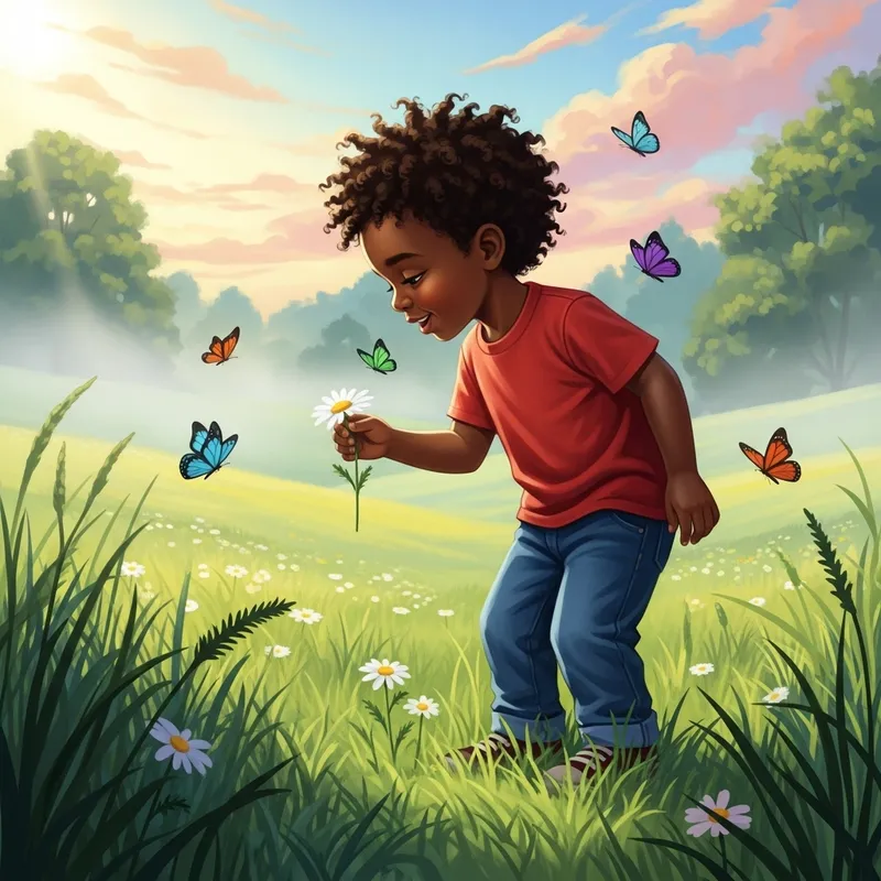 Young Black Boy with Colorful Butterflies