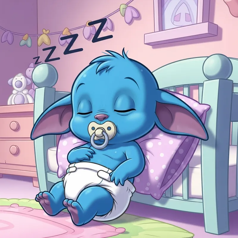 Cute Baby Alien 151 in Diapers and Pacifier - Asleep in Crib, Newborn Lilo & Stitch Character