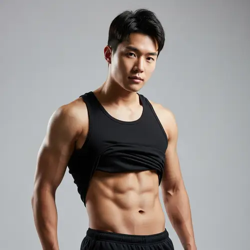 Young East Asian Man with Defined Abs | Gym Tank Top Model