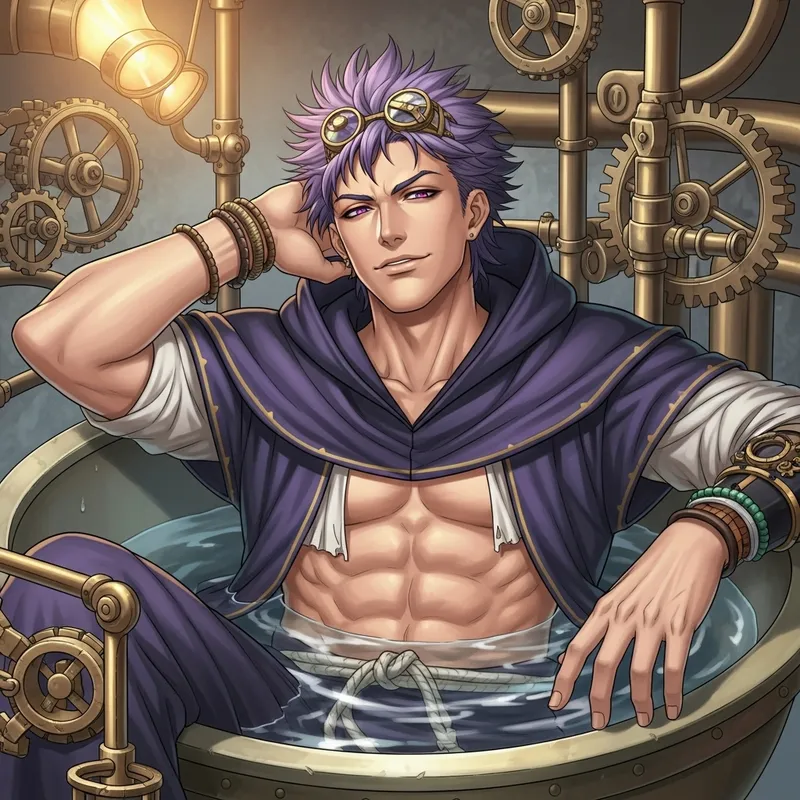 Handsome Male Monk with Violet Hair in Steampunk Bath