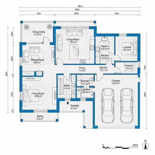 Architectural Blueprint for 20x13m House Design with Living Room, Kitchen, Garage