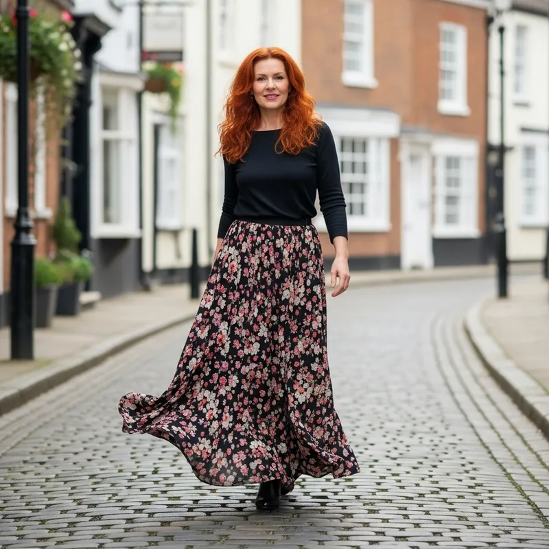 Elegant Woman in Her 40s with Red Hair | Stylish Long Skirt Look