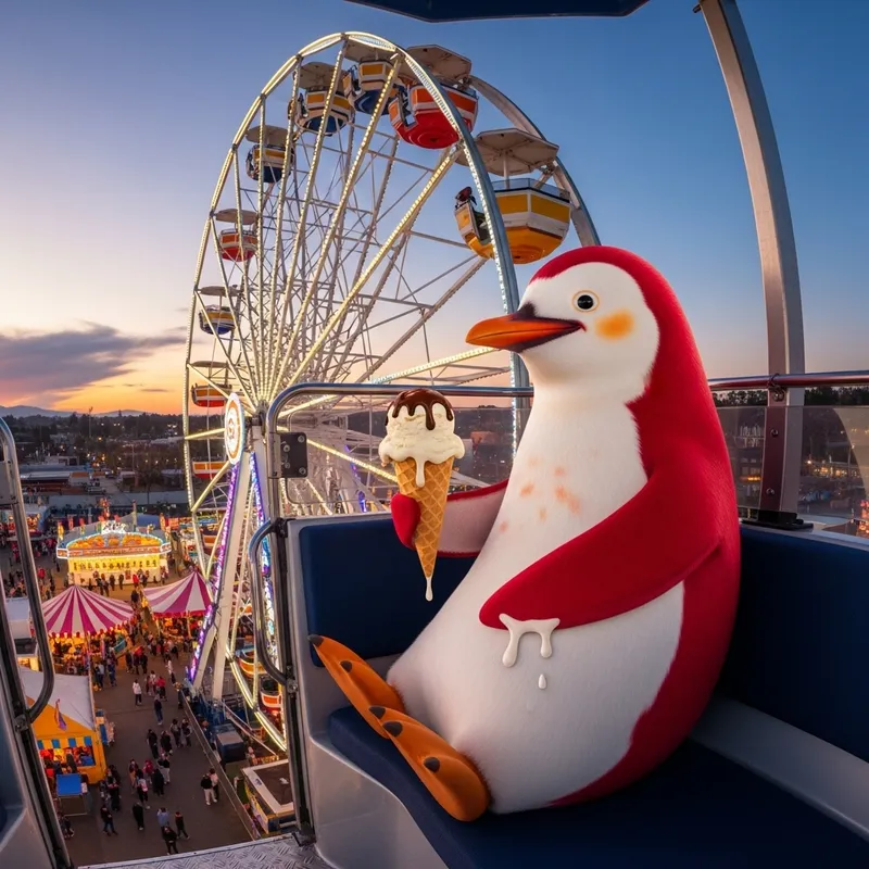 Red Penguin on Ferris Wheel Enjoying Ice Cream