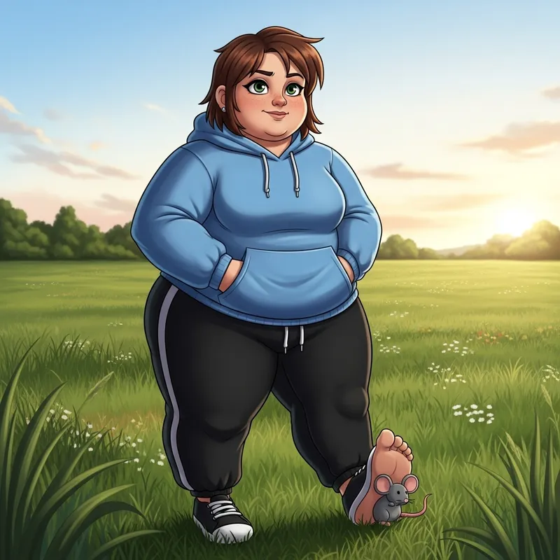 Giant Girl in Field: Smug Expression with Toy Mouse