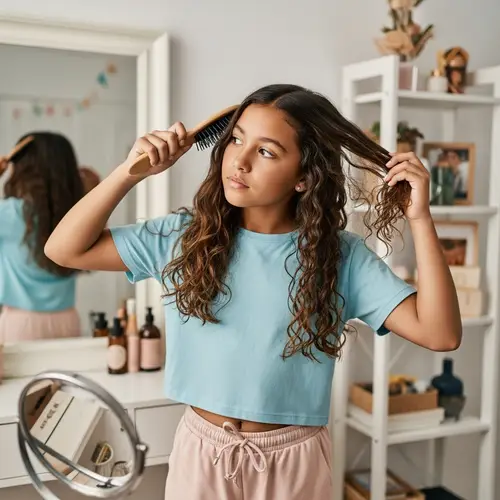 Preteen Hispanic Girl's Daily Hair Care Routine in Vintage-Style Setting