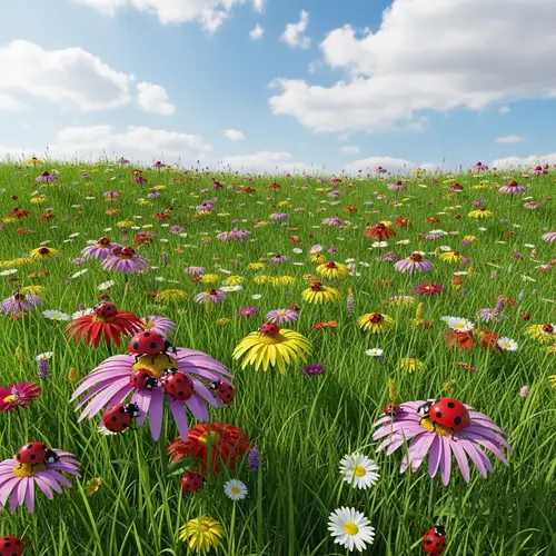 Vibrant Ladybugs and Flowers Landscape