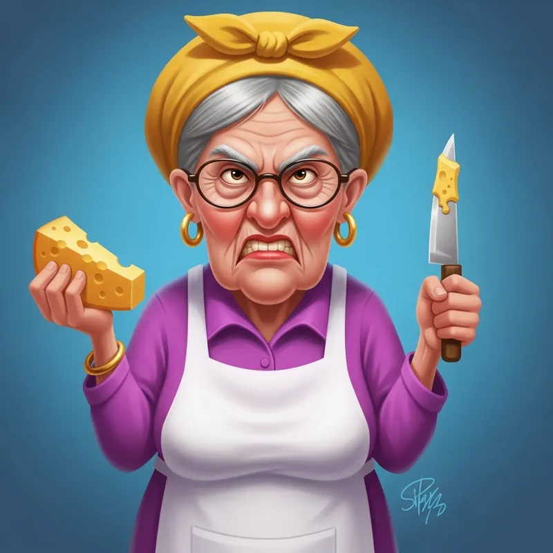 Funny Cartoon of Angry Grandmother with Cheese