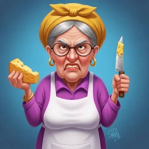 Funny Cartoon of Angry Grandmother with Cheese