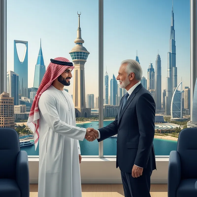 Saudi & Dubai Businessmen Meeting by Landmark Skyline in Luxury Office