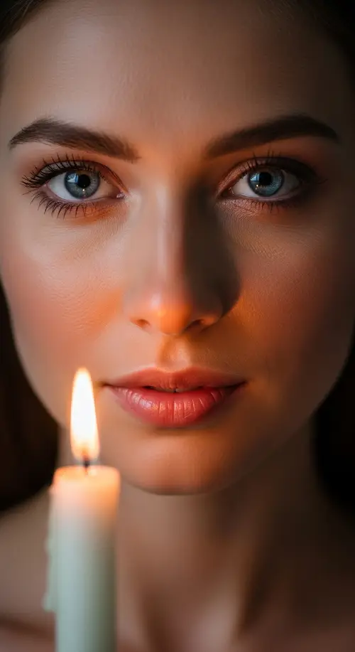 Blue-Eyed Woman & Vanilla Candle Close-Up