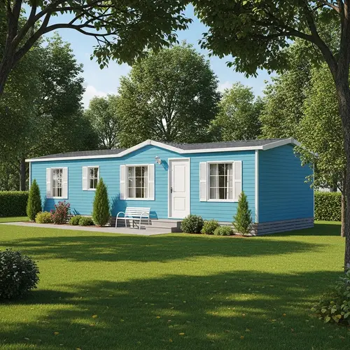 Bright Blue Mobile Home Surrounded by Nature