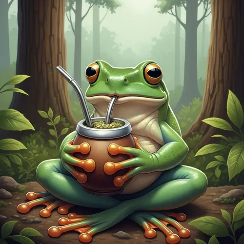 Green Frog Sipping Yerba Mate in Serene Forest Setting