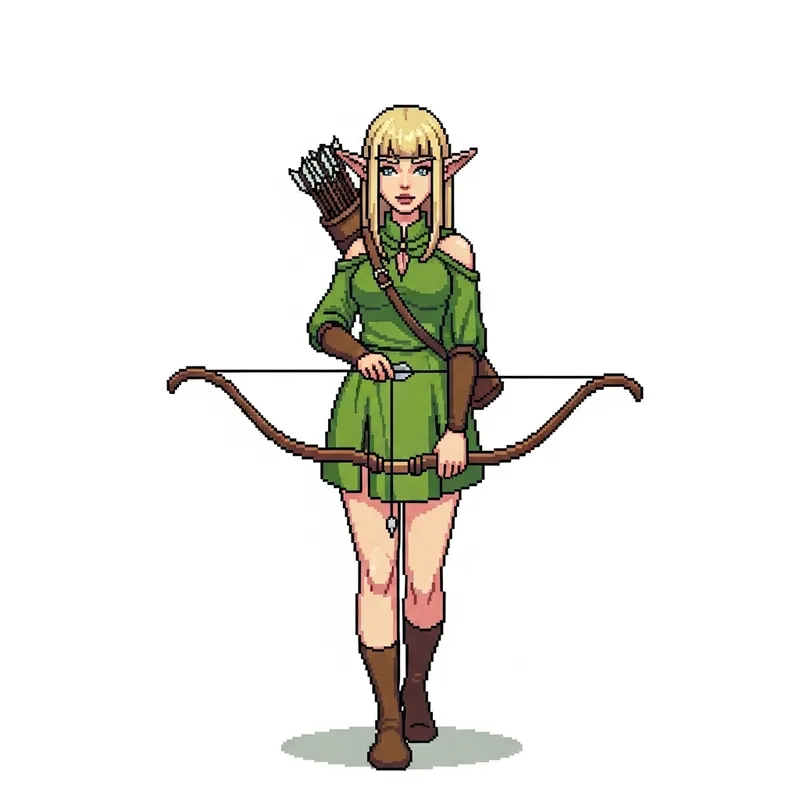 Pixel Art Elf Girl in Green Robe - Bow and Quiver Pixel Art Elf Girl in Green Robe - Bow and Quiver