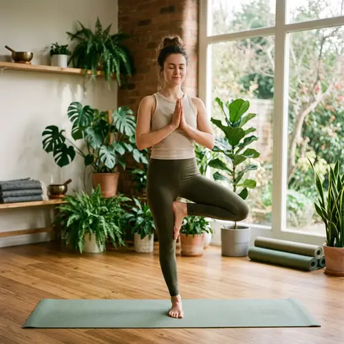 Serene Yoga: Tree Pose in a Peaceful Studio