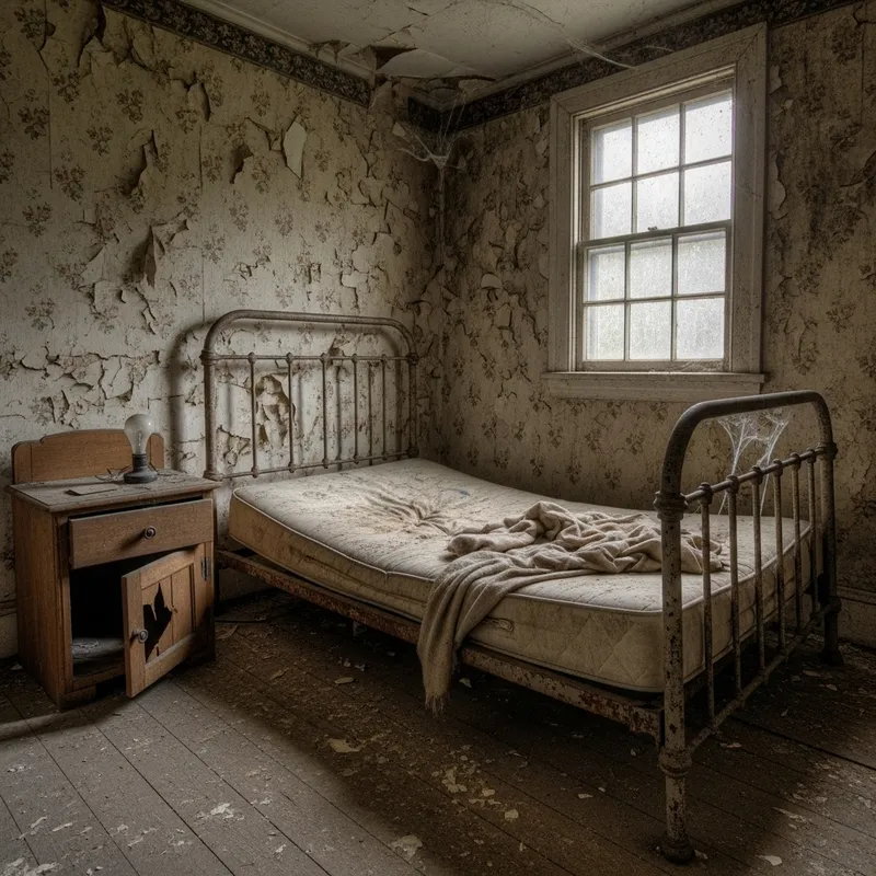 Weathered Bedroom with Broken Bed | Aged Walls