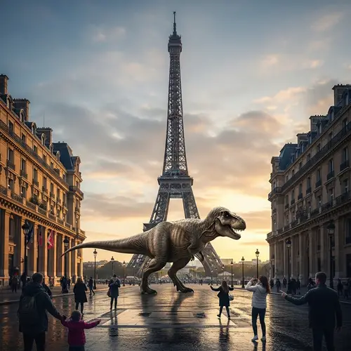 Dinosaur Strolling in Front of Eiffel Tower
