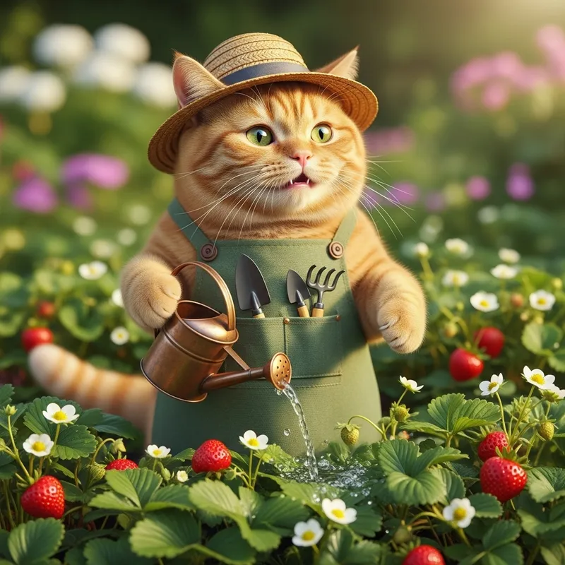 Charming Orange British Cat as a Gardener