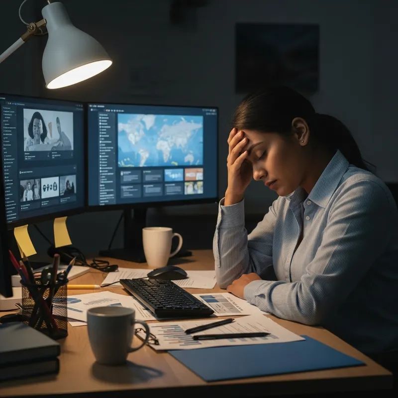 Exhausted South Asian SMM Specialist at Work