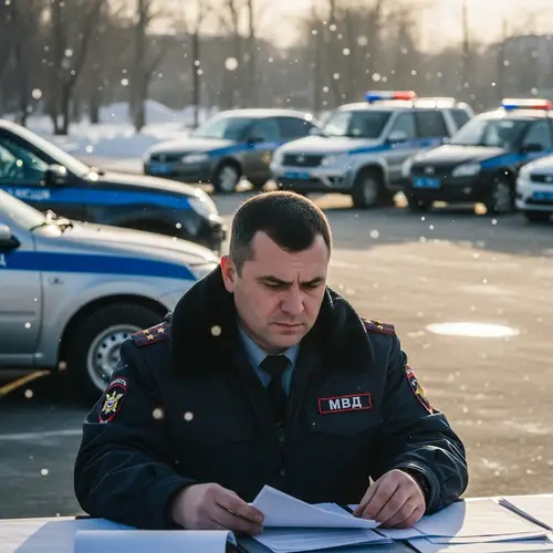 Male Russian MVD Officer Examining Documents | Law Enforcement Vehicles in Russian Parking Area