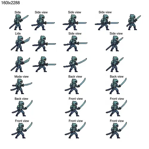 Futuristic-Style Katana Character Sprite Sheet | Pixel Art