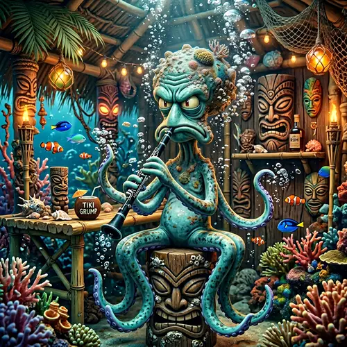 Teal Anthropomorphic Cephalopod in Tiki-Inspired Underwater Home